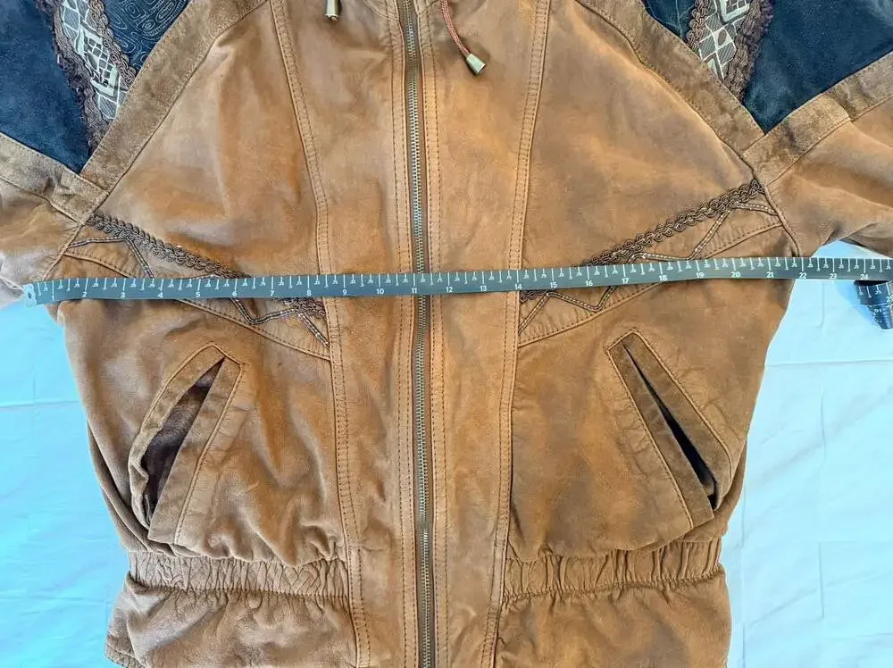 Vintage Winlit Genuine Leather Suede Southwestern Bomber Jacket Brown - Picture 14 of 14
